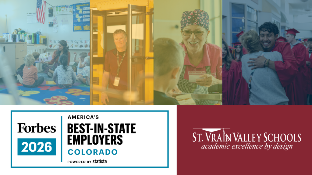 Collage en el que se presentan las escuelas del valle de St. Vrain, destacando la educación, el personal y los logros de los alumnos. Reconocimiento de Forbes 2026.