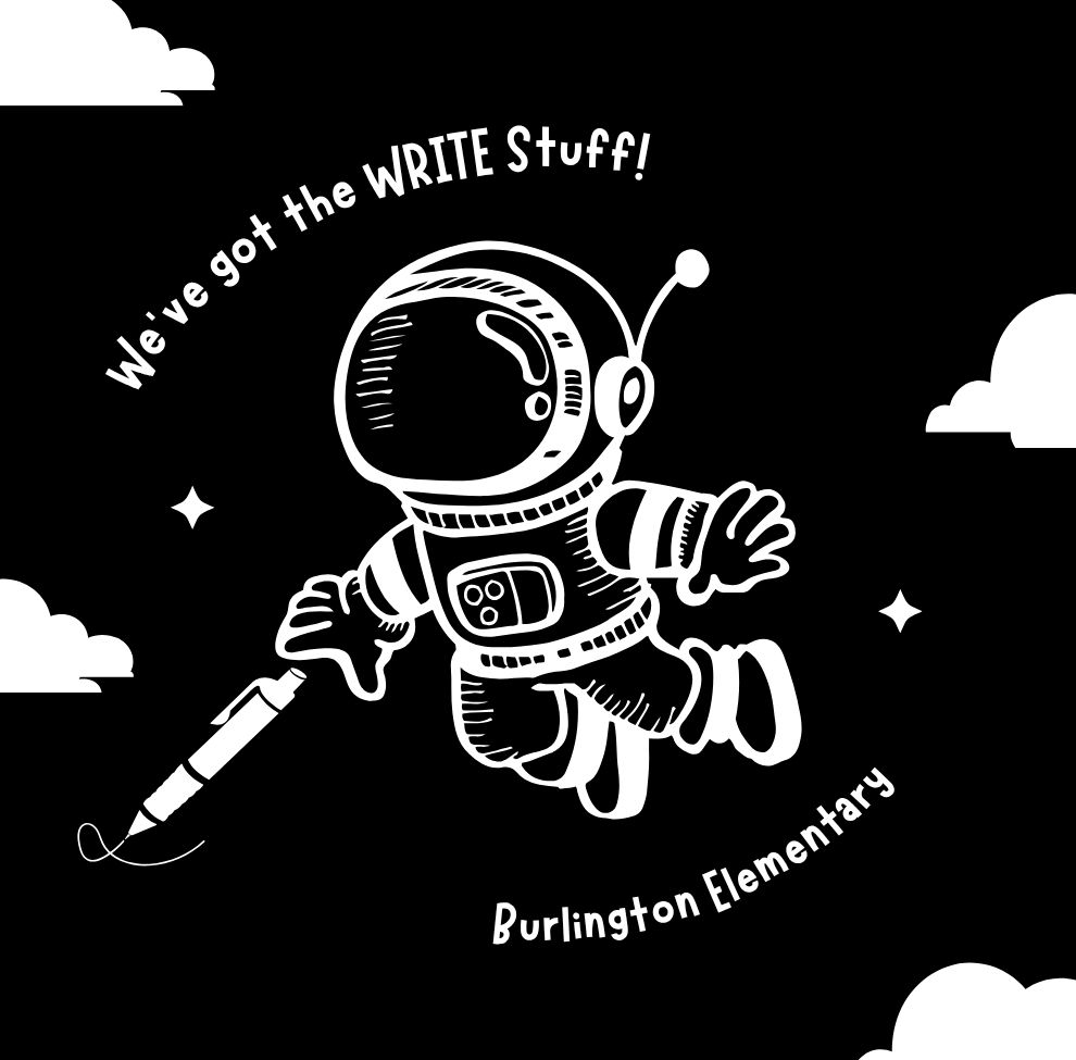 A cartoon astronaut holding a pen floats against a black background, with clouds and the text "We've got the WRITE Stuff!"